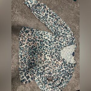 Democracy Teal Tan Blue Multi print V neck Long Sleeve Top